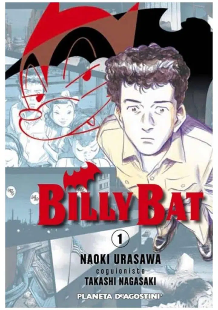 Portada del tomo 1 de Billy Bat en la edición de Planeta Cómic: un hombre de pelo rizado mira hacia arriba sobre un fondo de viñetas con la silueta de un murciélago