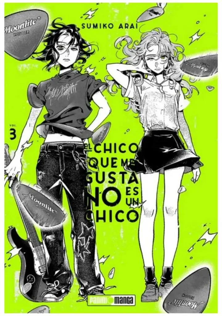 Portada del tomo 3 de El chico que me gusta no es un chico, de Sumiko Arai, con las dos protagonistas sobre fondo verde