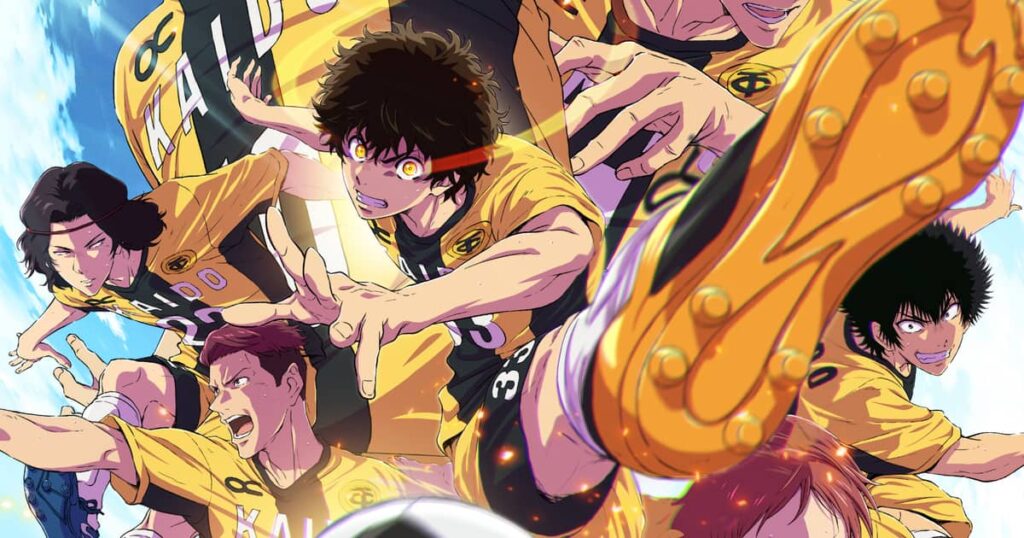 Ashito Aoi con los ojos amarillos y la cinta roja lanzándose a por el balón, con el botín en primer plano, rodeado de compañeros del Esperion en el visual de la temporada 2 de Ao Ashi