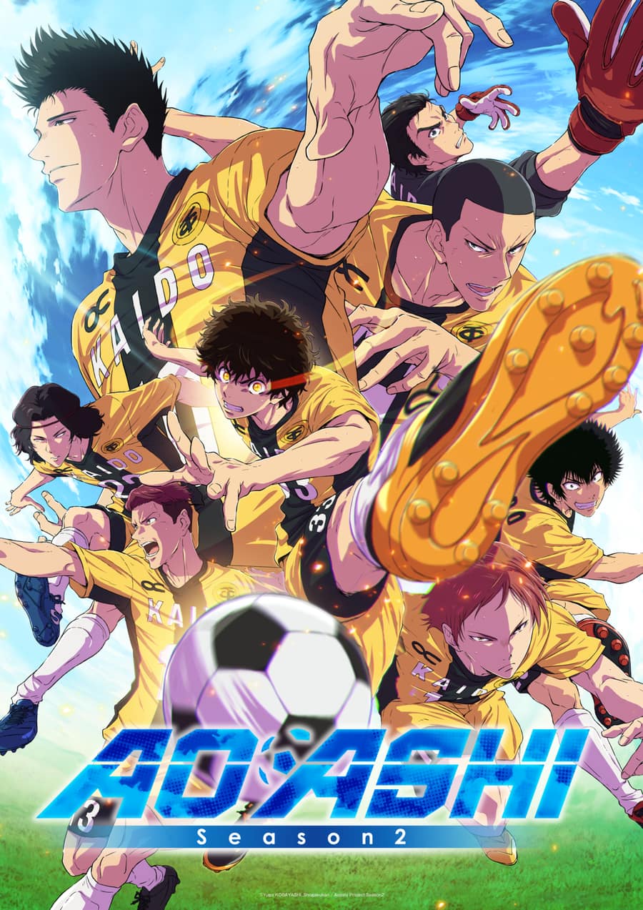 Visual principal de la temporada 2 de Ao Ashi: Ashito Aoi con los ojos amarillos y la cinta roja, rodeado de compañeros del Esperion con camiseta amarilla, un botín en primer plano y el balón abajo, sobre el título de la serie