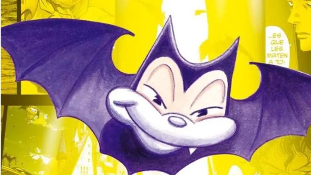 Billy Bat, el murciélago caricaturesco de la serie, sonriendo sobre un fondo amarillo de viñetas