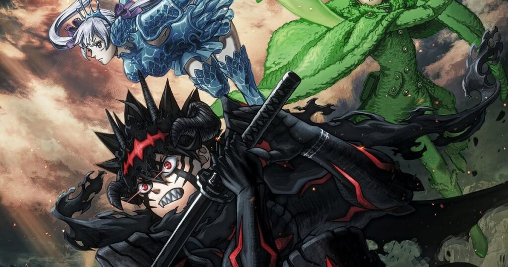 Black Clover temporada 2: Noelle, Yuno y Asta en su forma demoníaca sobre un cielo de tormenta