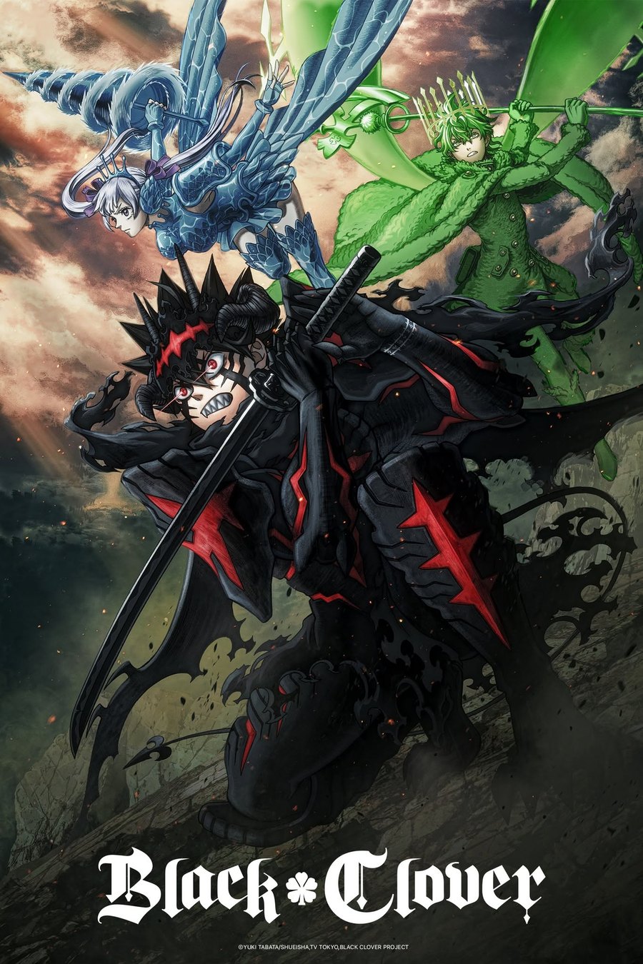 Visual oficial de la temporada 2 de Black Clover: Asta en su forma demoníaca, con espada, junto a Noelle con armadura de agua y Yuno con su magia de viento verde, sobre el logo de la serie
