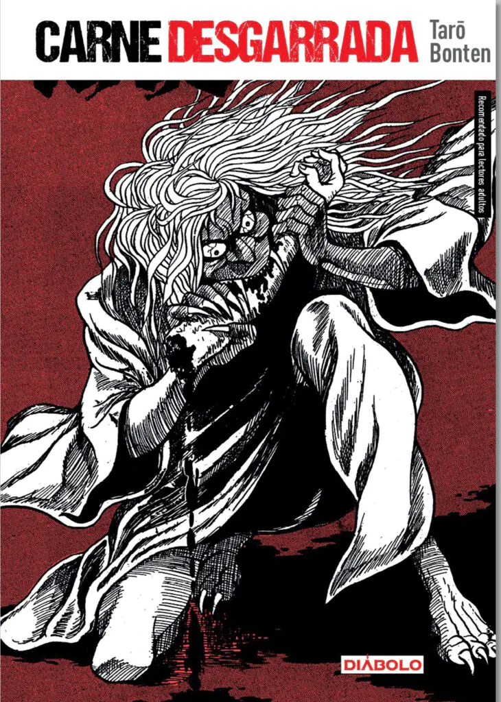 Portada de Carne desgarrada, de Tarō Bonten, con un ser de pelo largo y colmillos agazapado sobre un fondo rojo