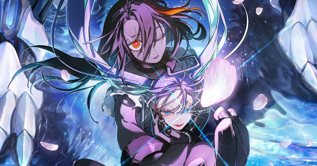 Primer visual de Code Geass Star Chaser Aspal: dos personajes nuevos, uno de pelo oscuro con un ojo naranja y otro de pelo claro con ojos azules, entre cristales azules y pétalos rosados