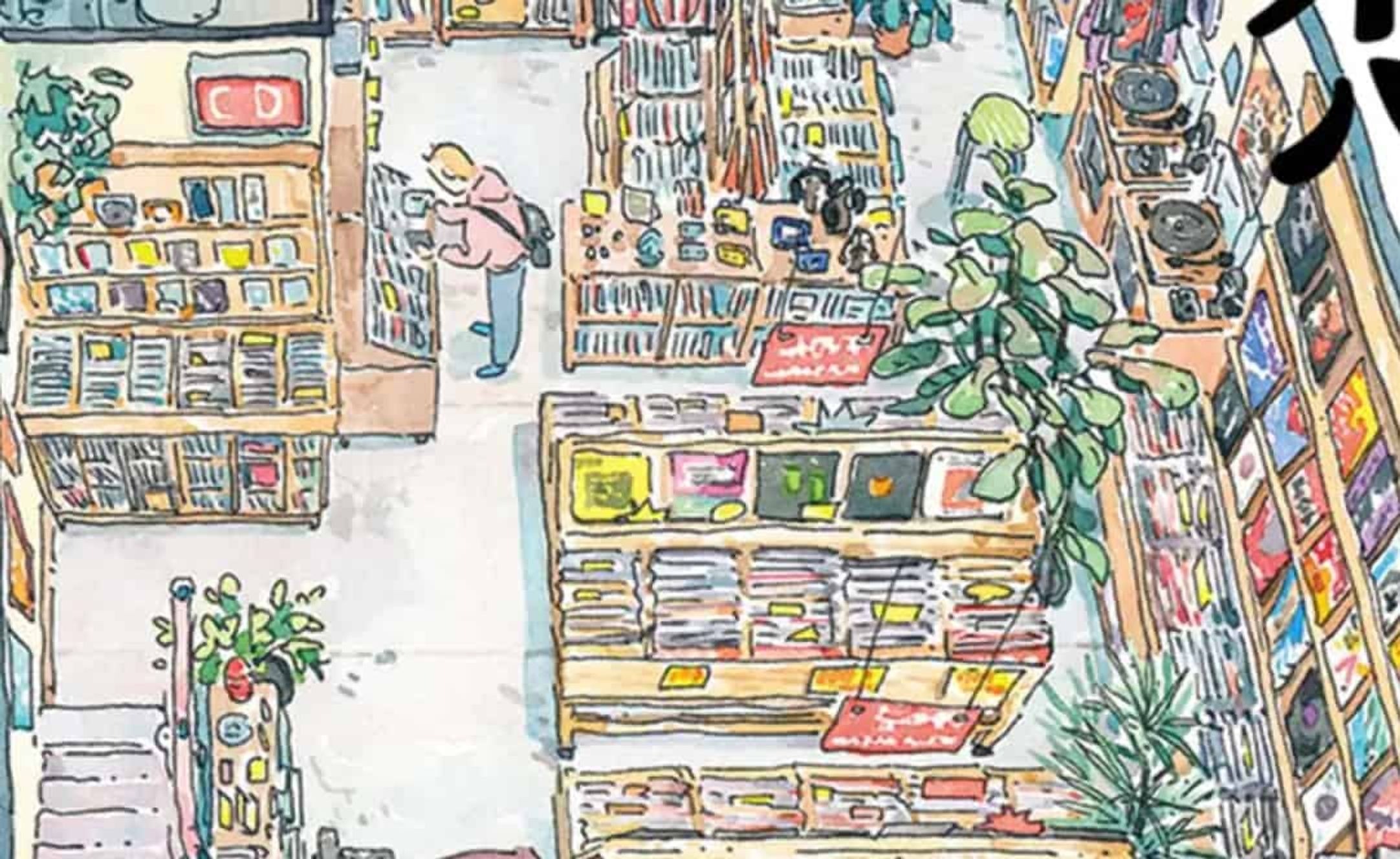 Ilustración a acuarela de Mateusz Urbanowicz vista desde arriba: el interior de una tienda japonesa con estantes de libros y discos