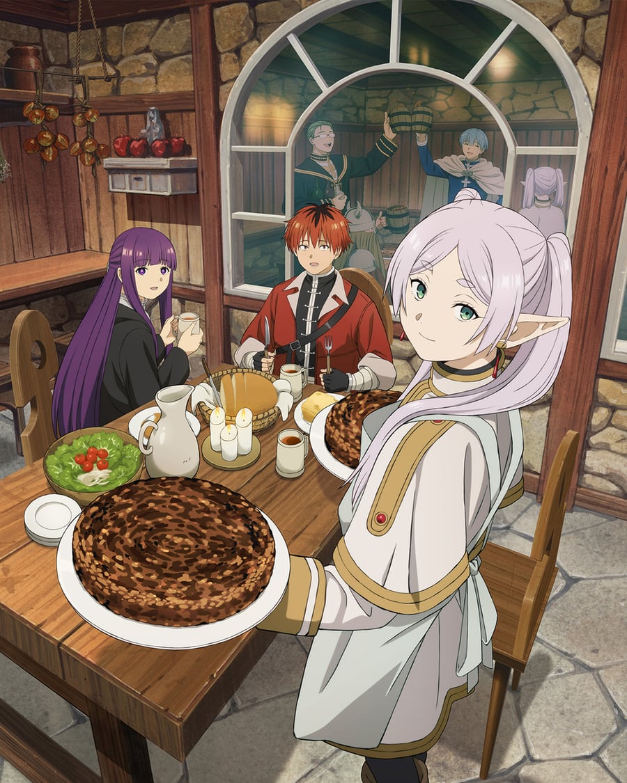 Visual del tercer aniversario de Frieren: Fern con una taza, Stark con cuchillo y tenedor y Frieren llevando un plato enorme, con el Grupo del Héroe reflejado en la ventana