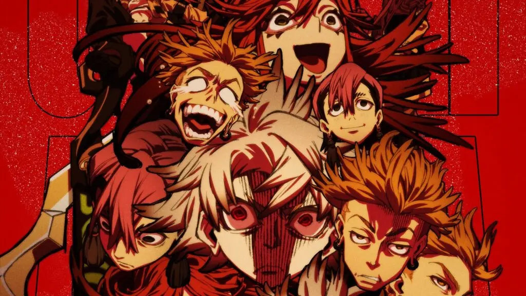 Key visual oficial del anime Gachiakuta: los personajes principales amontonados sobre un fondo rojo