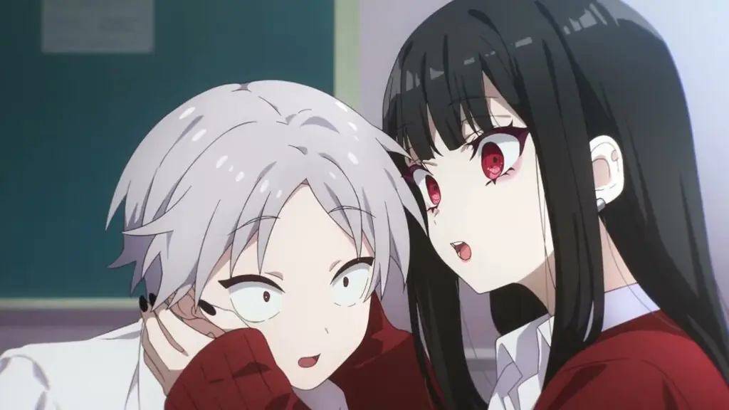 Fotograma del teaser: una chica de pelo largo negro y ojos rojos se asoma junto a un chico de pelo gris claro en una sala de clases