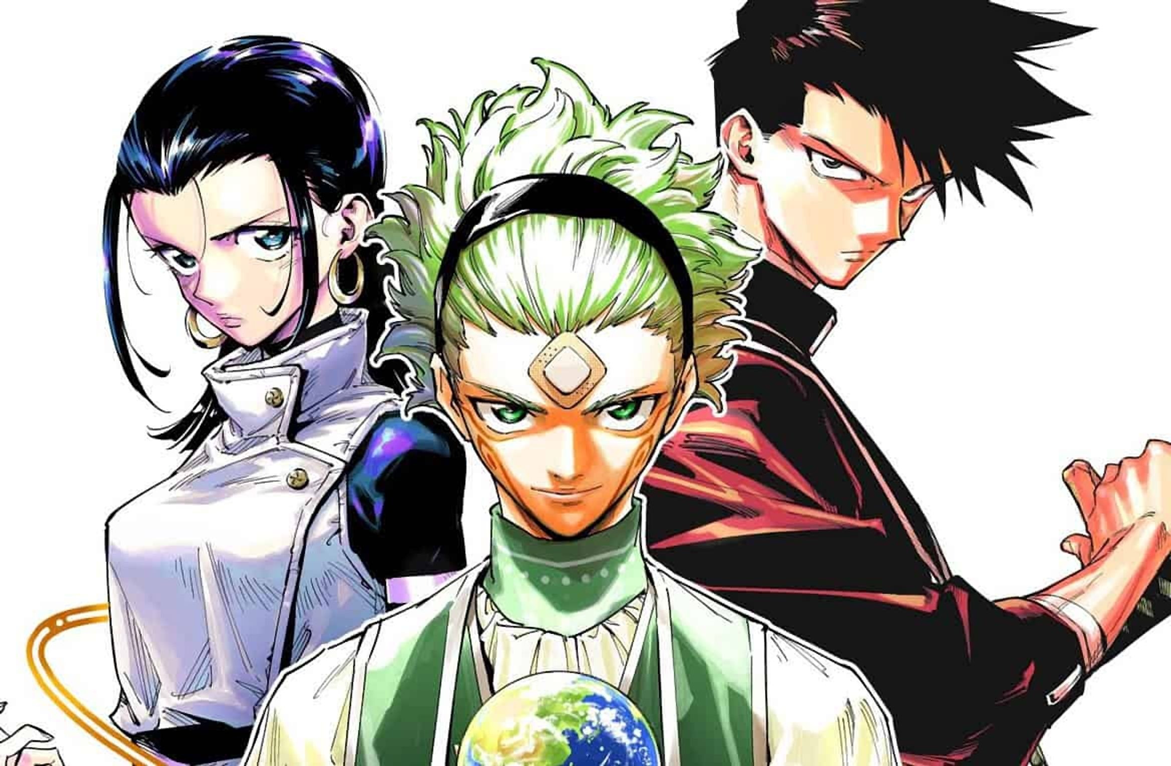 Ilustración oficial de Jujutsu Kaisen: Modulo con tres personajes de la secuela, uno de pelo verde sosteniendo un globo terráqueo