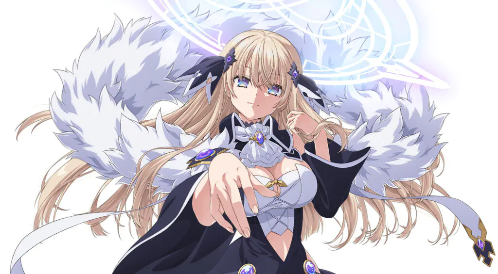 Arte oficial del teaser: Saika Kuozaki, una mujer de pelo largo rubio con un abrigo de plumas blancas y un círculo mágico luminoso detrás, extiende la mano hacia el frente