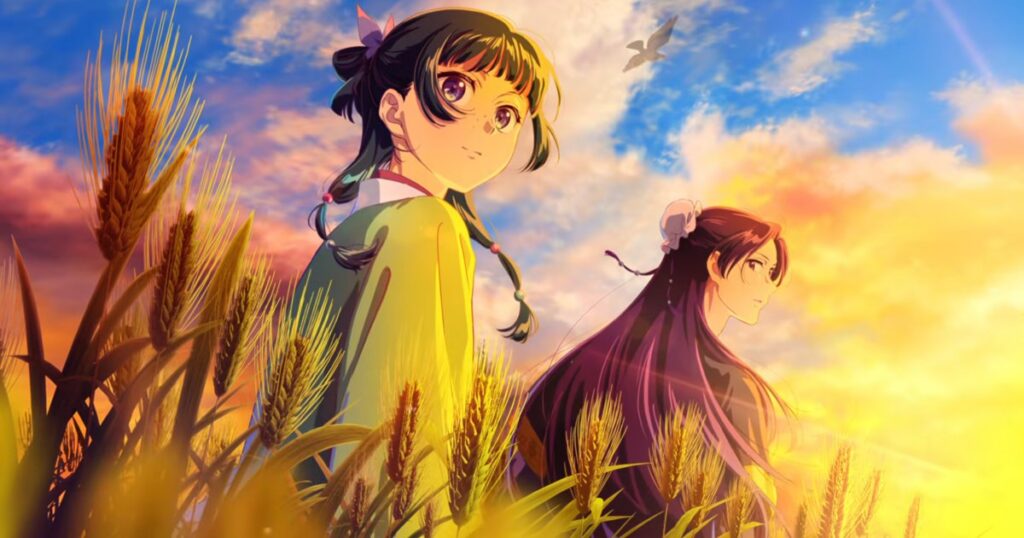 Maomao mira hacia atrás entre espigas de trigo al atardecer, con Jinshi de perfil detrás, en la imagen de la temporada 3 de Los diarios de la boticaria