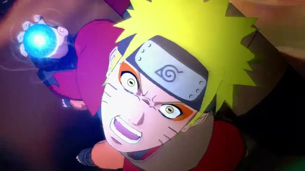 Personaje rubio con la banda de Konoha en la frente que lanza una esfera de chakra azul con una mano