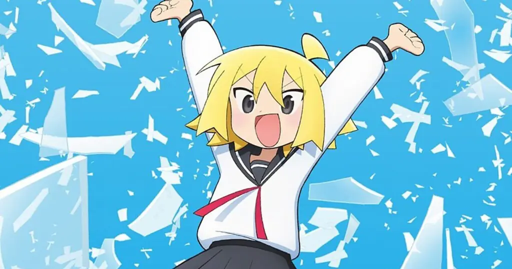 Ilustración promocional de una chica rubia con uniforme escolar y los brazos en alto, rodeada de fragmentos de vidrio sobre un fondo azul