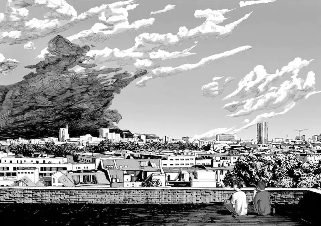Viñeta en blanco y negro de dos jóvenes sentados en una azotea mirando una ciudad bajo un gran frente de nubes de tormenta