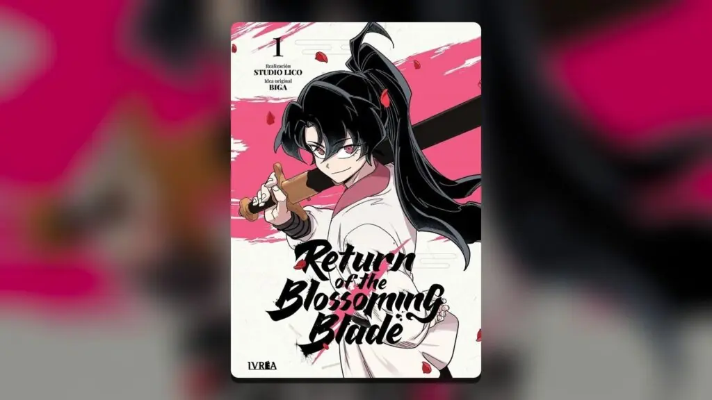 Portada del tomo 1 de Return of the Blossoming Blade: un joven de pelo largo y negro sostiene una espada de madera sobre el hombro, sobre fondo blanco y rosado
