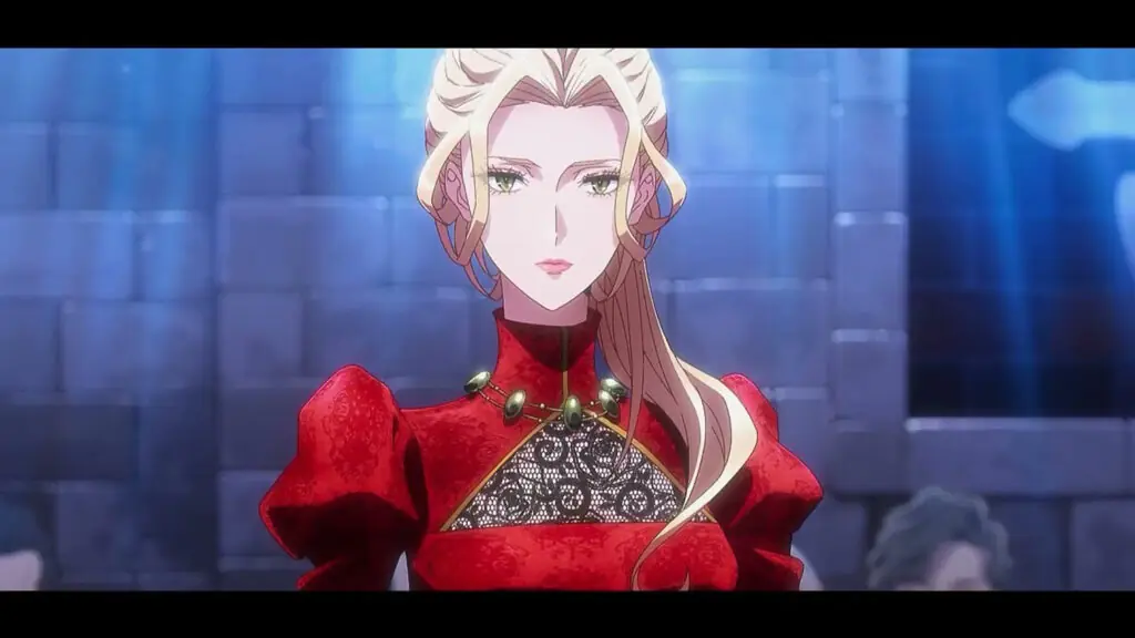 Fotograma del tráiler del anime: una mujer rubia con vestido rojo y mirada seria frente a un muro de piedra