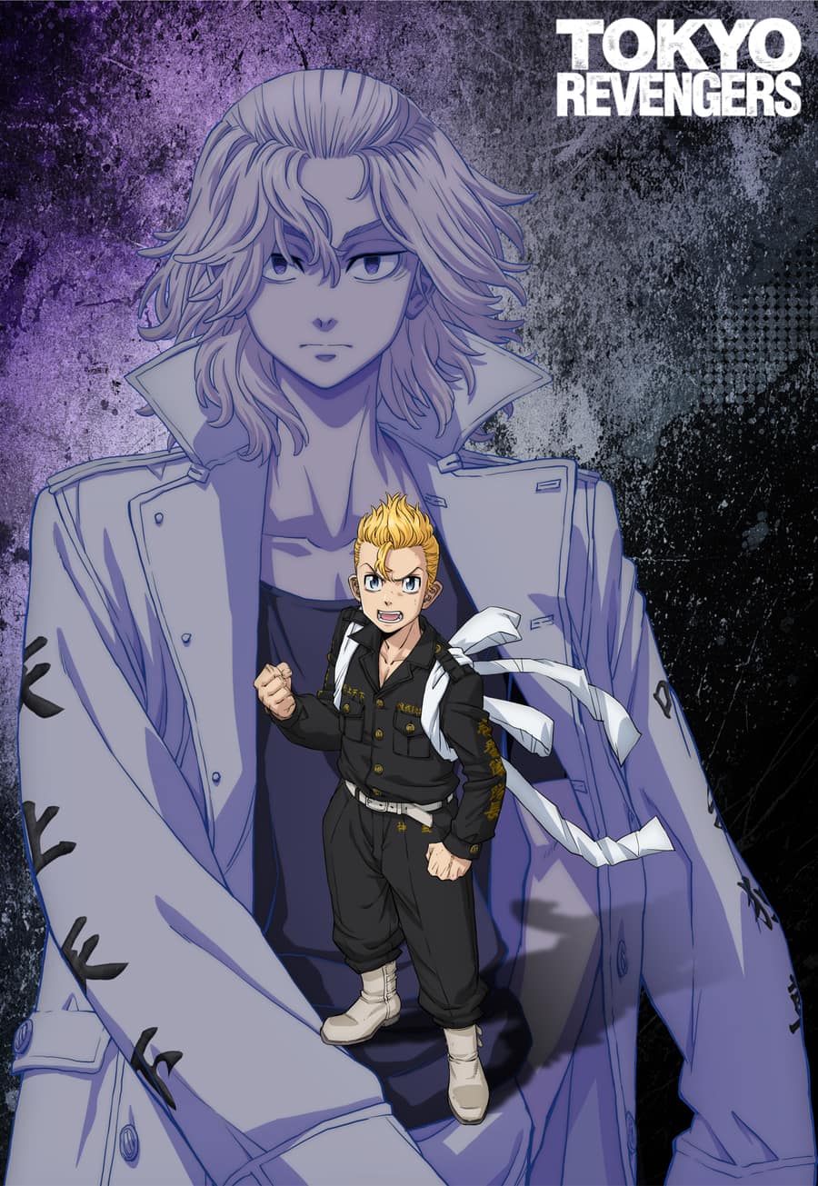 Visual oficial de la temporada 4 de Tokyo Revengers: Takemichi, pequeño y con el puño cerrado, de pie frente a la silueta enorme y violácea de Mikey con gabardina, sobre un fondo oscuro con el título de la serie